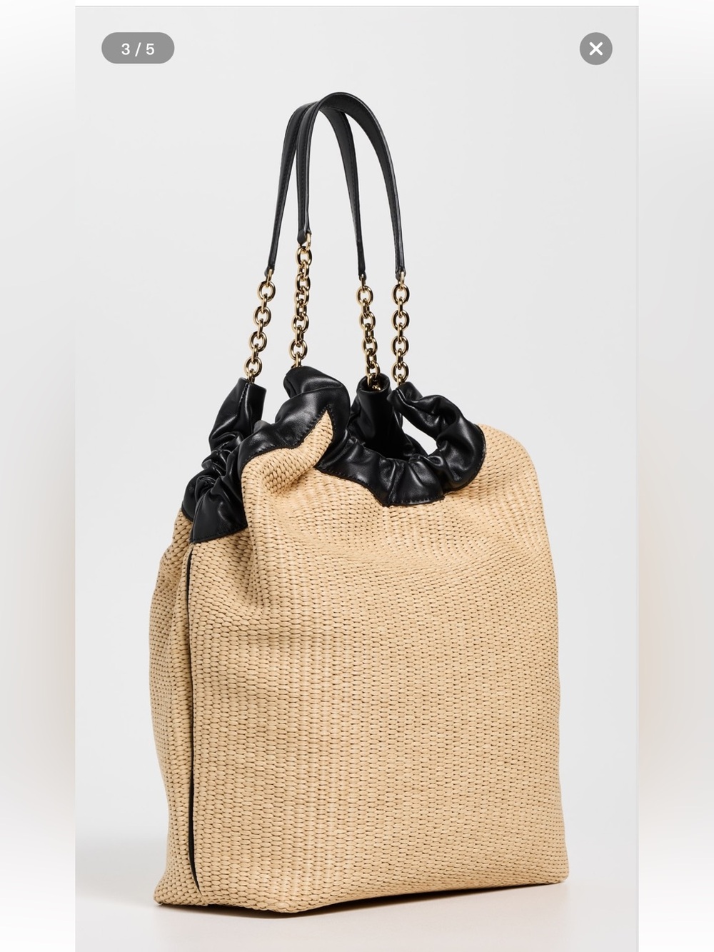 DeMellier Beige Straw Tote with Black Leather Trim and Gold Chain Handles - Picture 6 of 7